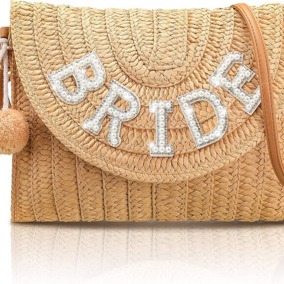Straw Bride Clutch Bag Rhinestone Letter Purse for Wedding Bachelorette Party - Picture 1 of 7